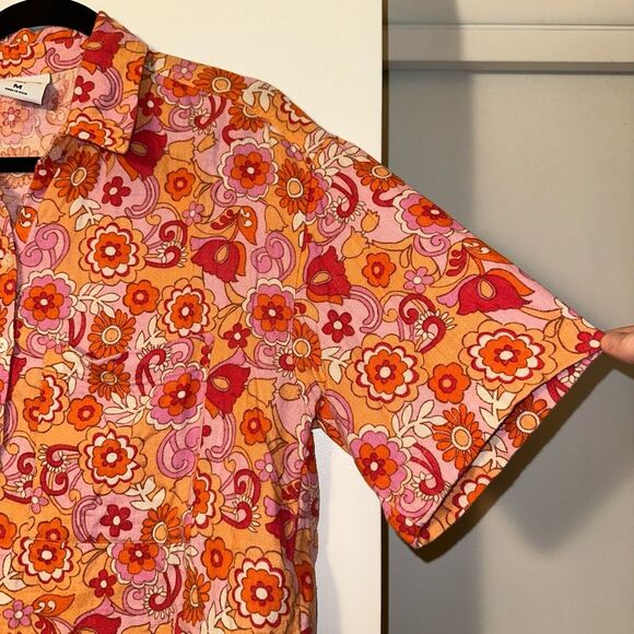 Social Tourist Groovy Retro Floral Pattern Pink Orange Collared Button Shirt Med - Picture 4 of 13